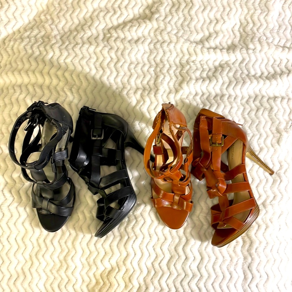 EVERYTHING MUST GO! Strappy Heels. Sz 8. Blk/ Cognac